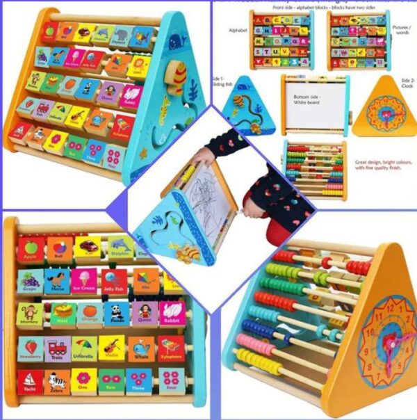 5 in 1 Wooden Activity Triangle for Kids Brain Development|Learn Alphabets with Words, Abacus, Clock&Maze Activity, Writing&Drawing Board|Early Development Toys for 2+ Year Kids