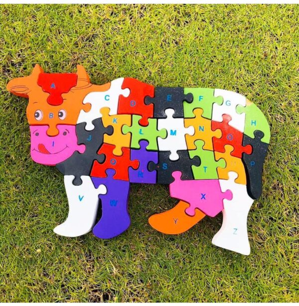 YAMKAY Wooden Shaped Coloured Cow Puzzle for Kids to Learn Letters and Numbers