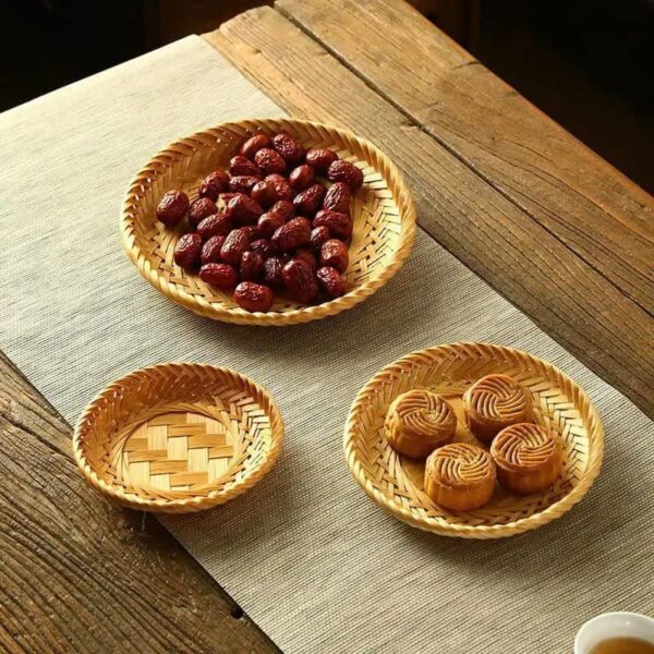 Handmade Bamboo Serving Basket Raft Fruit Vegetable Holder Round for Dining