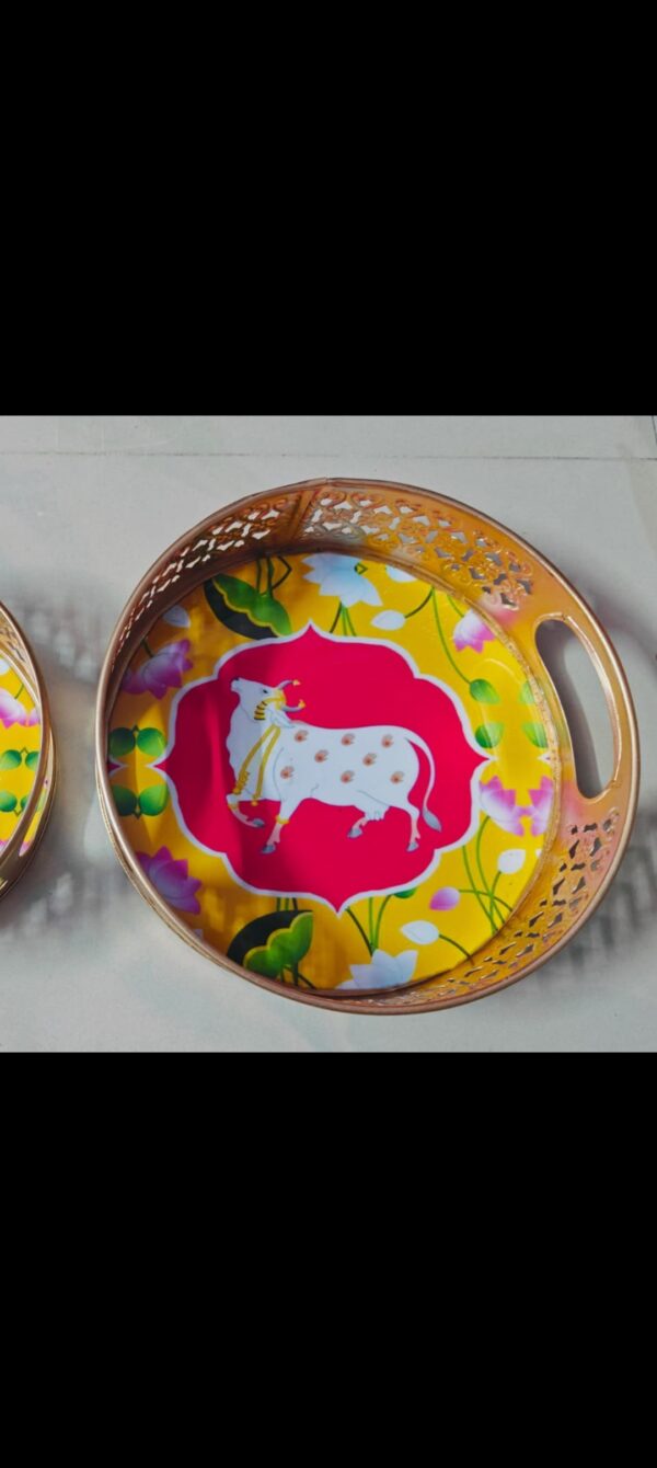 Metal Round Tray Set of 2 Cow Pichwai Tray