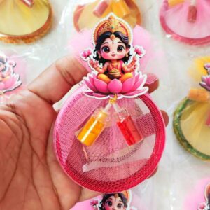 Combo of 4 glass bangles packed in Net and 2" MDF baby Laxmi with hanging glass bottles of haldi kumkum
