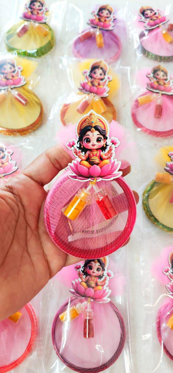 Combo of 4 glass bangles packed in Net and 2" MDF baby Laxmi with hanging glass bottles of haldi kumkum